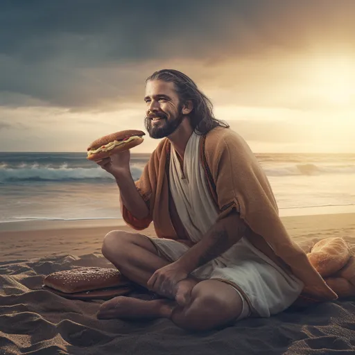 Jesus eating a sandwich on the beach