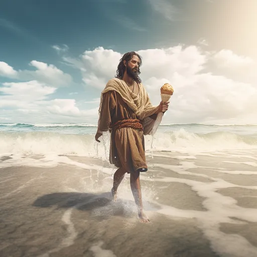 Jesus eating icecream while walking on the water
