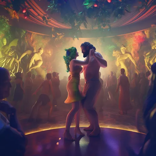 Adam and Eve dancing in a colorful club